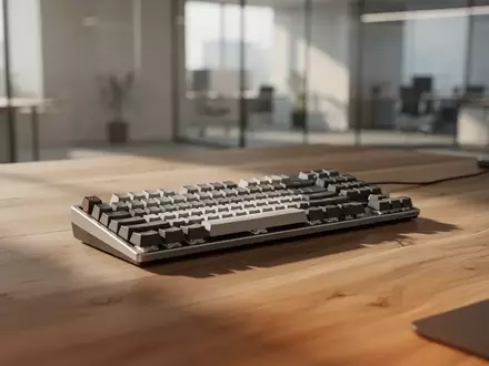 Ein minimalistischer Arbeitsplatz mit einer mechanischen Tastatur auf einem Eichenschreibtisch im sanften Morgenlicht. - Foto: über boerse-global.de