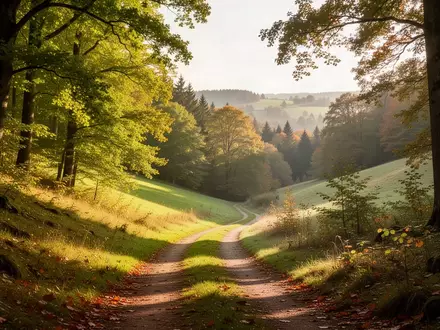 Ein sonnendurchfluteter Waldweg in einer ländlichen Umgebung im Frühherbst, der zu Spaziergängen einlädt. - Foto: über boerse-global.de