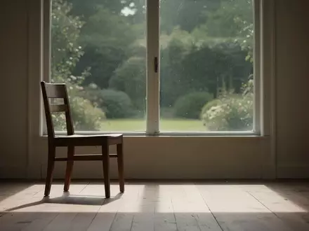 Ein leerer Holzstuhl in einem sonnendurchfluteten, ruhigen Raum mit Blick in einen Garten, symbolisiert Stille und Isolation. - Foto: über boerse-global.de