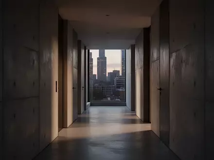 Ein minimalistischer, moderner Wohnungsflur in der Dämmerung mit Fokus auf Architektur und Lichtstimmung. - Foto: über boerse-global.de