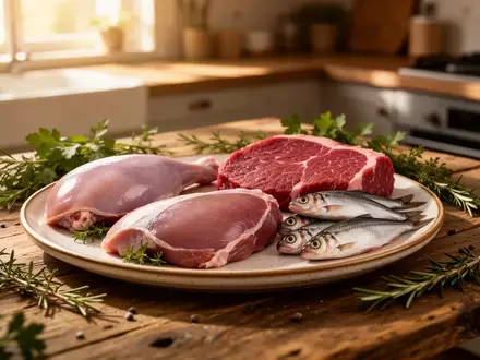 Verschiedene frische Fleischstücke und rohe Zutaten auf einem rustikalen Holztisch als Grundlage für eine hochwertige Tierernährung. - Foto: über boerse-global.de