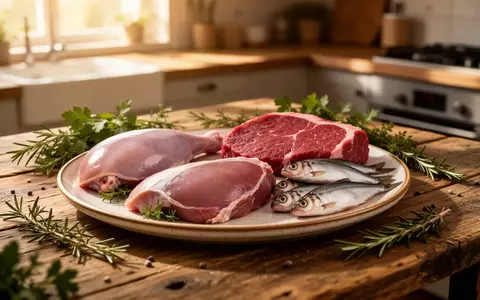 Verschiedene frische Fleischstücke und rohe Zutaten auf einem rustikalen Holztisch als Grundlage für eine hochwertige Tierernährung. - Foto: über boerse-global.de