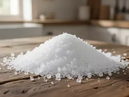 Nahaufnahme von weißem Kristallzucker auf einem Holztisch bei natürlichem Licht. - Foto: über boerse-global.de
