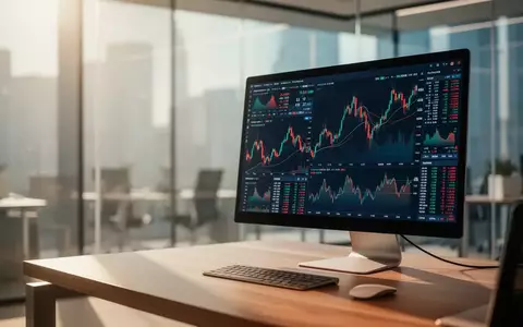 Moderner, sonnendurchfluteter Büroarbeitsplatz mit einem Computerbildschirm, der abstrakte Finanzmarktdaten anzeigt. - Foto: über boerse-global.de