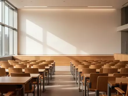 Ein moderner, leerer Hörsaal an einer Universität mit hellen Holzmöbeln und natürlichem Lichteinfall. - Foto: über boerse-global.de