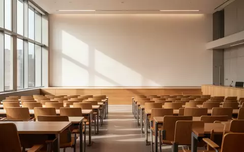 Ein moderner, leerer Hörsaal an einer Universität mit hellen Holzmöbeln und natürlichem Lichteinfall. - Foto: über boerse-global.de