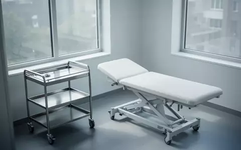 Ein minimalistisches, leeres Behandlungszimmer mit einer Untersuchungsliege und einem Metallwagen in einem klinischen Umfeld. - Foto: über boerse-global.de