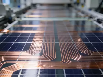 Nahaufnahme einer modernen Kupfer-Solarzelle in einer hochtechnologischen Fertigungsanlage. - Foto: über boerse-global.de