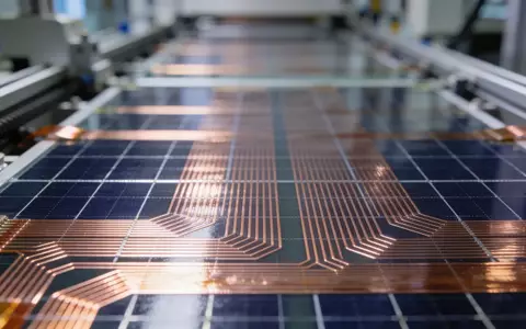 Nahaufnahme einer modernen Kupfer-Solarzelle in einer hochtechnologischen Fertigungsanlage. - Foto: über boerse-global.de