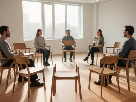 Ein heller, minimalistischer Gruppenraum mit einem Stuhlkreis auf einem hellen Holzboden in natürlichem Tageslicht. - Foto: über boerse-global.de