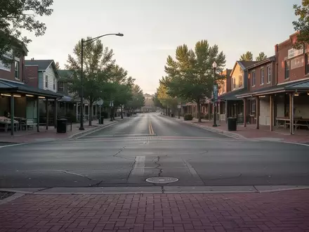 Eine leere Straße in einem Wohngebiet in Denver am frühen Morgen mit Marktplätzen und Gehwegen. - Foto: über boerse-global.de