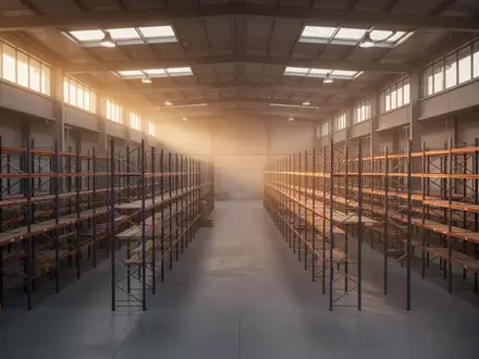 Ein weitläufiges, leeres Logistiklager mit hohen Metallregalen und einfallendem Sonnenlicht in einer industriellen Umgebung. - Foto: über boerse-global.de