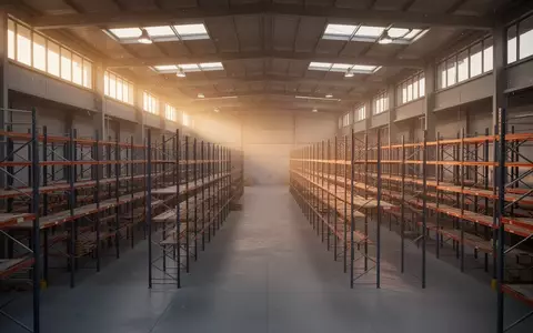 Ein weitläufiges, leeres Logistiklager mit hohen Metallregalen und einfallendem Sonnenlicht in einer industriellen Umgebung. - Foto: über boerse-global.de