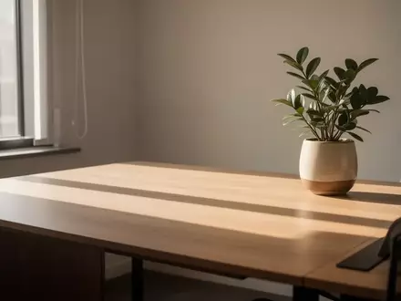 Ein minimalistischer, leerer Schreibtisch in einem hellen Büro mit einem einzelnen Zimmerpflanzen-Topf. - Foto: über boerse-global.de