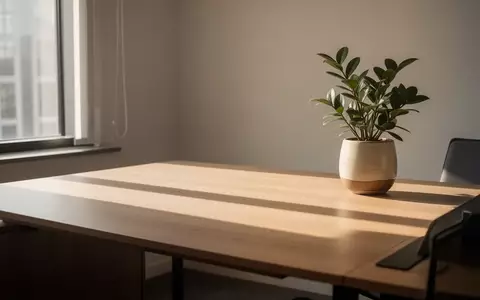 Ein minimalistischer, leerer Schreibtisch in einem hellen Büro mit einem einzelnen Zimmerpflanzen-Topf. - Foto: über boerse-global.de