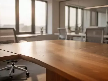 Ein minimalistischer, heller Büroraum mit einem leeren Holztisch und natürlichem Tageslicht. - Foto: über boerse-global.de