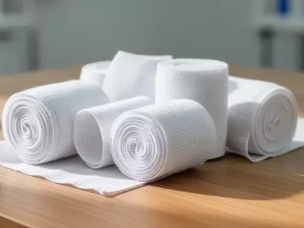 Ordentlich aufgerollte medizinische Kompressionsbinden aus verschiedenen Materialien auf einer hölzernen Unterlage. - Foto: über boerse-global.de