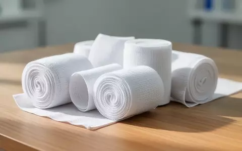 Ordentlich aufgerollte medizinische Kompressionsbinden aus verschiedenen Materialien auf einer hölzernen Unterlage. - Foto: über boerse-global.de