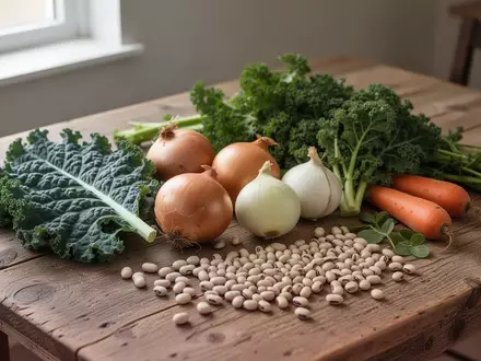 Frisches, rohes Gemüse wie Kohl, Zwiebeln und Hülsenfrüchte auf einem rustikalen Holztisch bei natürlichem Licht. - Foto: über boerse-global.de