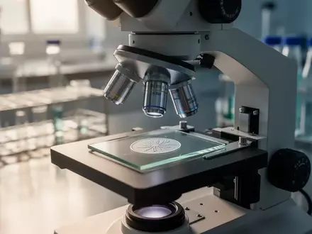Ein Lichtmikroskop mit einem biologischen Objektträger in einem sterilen, professionellen Laborumfeld. - Foto: über boerse-global.de