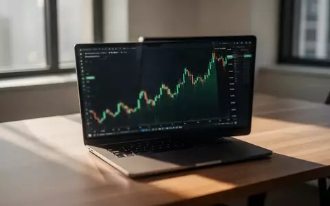 Ein moderner Schreibtisch mit einem Laptop, auf dessen Bildschirm ein steigender grüner Aktienchart zu sehen ist. - Foto: über boerse-global.de