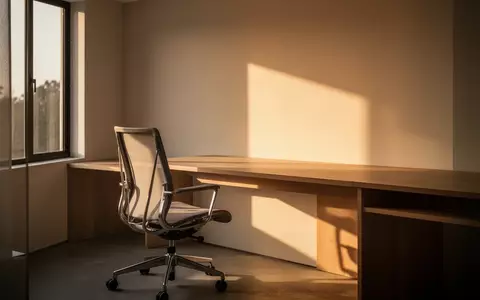 Ein minimalistisch eingerichtetes Homeoffice mit einem leeren Schreibtisch und einem ergonomischen Stuhl im Sonnenlicht. - Foto: über boerse-global.de