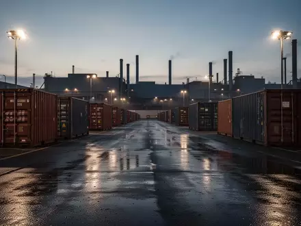 Ein weitläufiger, industrieller Logistikplatz bei Dämmerung mit Frachtcontainern und reflektierendem Asphalt. - Foto: über boerse-global.de