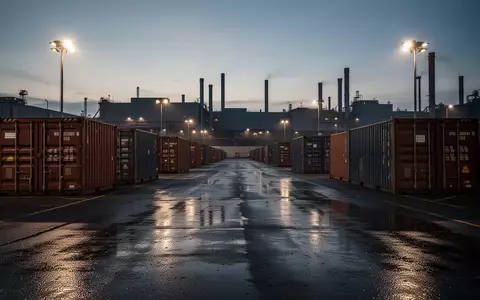 Ein weitläufiger, industrieller Logistikplatz bei Dämmerung mit Frachtcontainern und reflektierendem Asphalt. - Foto: über boerse-global.de
