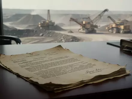Ein juristisches Dokument auf einem Schreibtisch vor einer verschwommenen Bergbaulandschaft. - Foto: über boerse-global.de