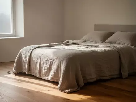 Ein minimalistisch eingerichtetes Schlafzimmer am Morgen mit weichem Tageslicht, das auf ein unbenutztes, ordentlich gemachtes Bett fällt. - Foto: über boerse-global.de