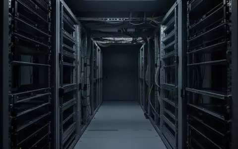Ein minimalistischer, dunkel beleuchteter Serverraum mit leeren Einschüben und komplexer Verkabelung in kühlen Farbtönen. - Foto: über boerse-global.de