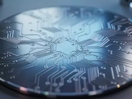 Nahaufnahme einer Silizium-Wafer-Oberfläche mit komplexen, abstrakten Schaltkreisstrukturen in blauem und silbernem Licht. - Foto: über boerse-global.de