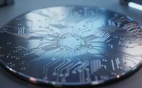 Nahaufnahme einer Silizium-Wafer-Oberfläche mit komplexen, abstrakten Schaltkreisstrukturen in blauem und silbernem Licht. - Foto: über boerse-global.de