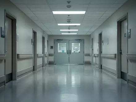Ein leerer, steriler Krankenhausflur mit glänzendem Boden und geschlossenen Türen zu einer Station. - Foto: über boerse-global.de