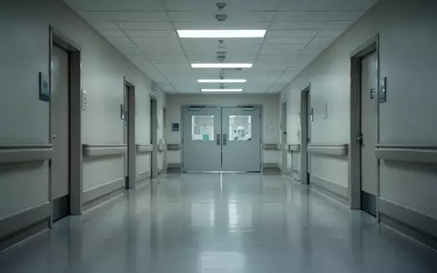 Ein leerer, steriler Krankenhausflur mit glänzendem Boden und geschlossenen Türen zu einer Station. - Foto: über boerse-global.de