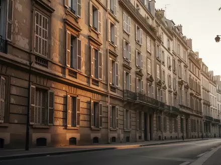 Fassade eines klassischen Wohnhauses in einer städtischen Umgebung bei Sonnenuntergang. - Foto: über boerse-global.de