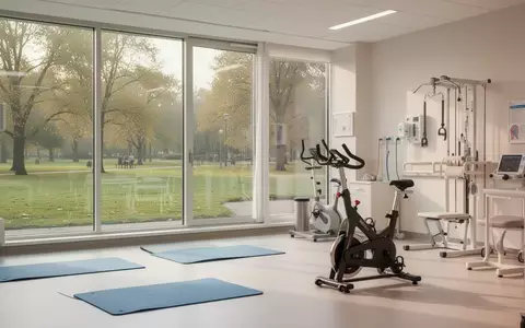 Ein heller, moderner Rehabilitationsraum mit medizinischen Trainingsgeräten und Blick in einen Park. - Foto: über boerse-global.de