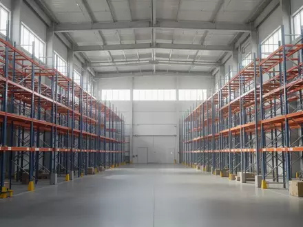Leere Lagerhalle mit hohen Regalsystemen und moderner Industriearchitektur als Symbol für Warenlogistik und Nachhaltigkeit. - Foto: über boerse-global.de