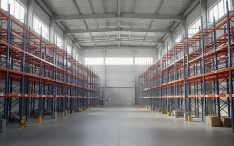 Leere Lagerhalle mit hohen Regalsystemen und moderner Industriearchitektur als Symbol für Warenlogistik und Nachhaltigkeit. - Foto: über boerse-global.de