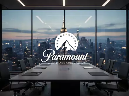 Abstrakte Darstellung eines modernen Konferenzraums mit Stadtpanorama bei Dämmerung, symbolisiert unternehmerische Einigung. - Foto: über boerse-global.de