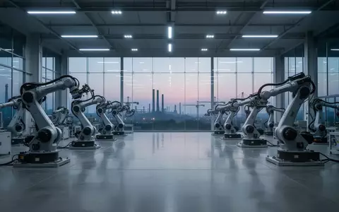 Modernes, hochtechnologisches Industrie-Fertigungswerk im Yangtze-Delta mit unbenutzten Montagearmen in einer Halle bei Dämmerung. - Foto: über boerse-global.de