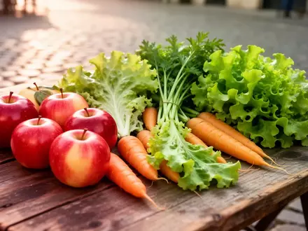 Frisches Obst und Gemüse auf einem hölzernen Tisch vor einem unscharfen städtischen Hintergrund. - Foto: über boerse-global.de