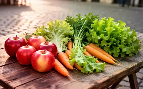 Frisches Obst und Gemüse auf einem hölzernen Tisch vor einem unscharfen städtischen Hintergrund. - Foto: über boerse-global.de