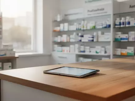 Modernes Apothekeninterieur mit einem Tablet auf dem Tresen, symbolisch für die digitale Erweiterung von CubeDoc. - Foto: über boerse-global.de