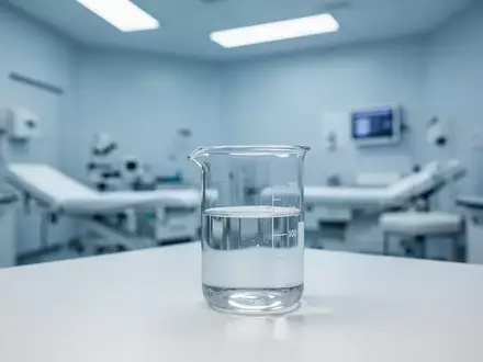 Ein steriler Labortisch mit einem Glasbecher in einem klinischen, modern beleuchteten Untersuchungsraum. - Foto: über boerse-global.de