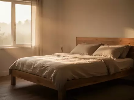 Ein minimalistisch eingerichtetes, sonnendurchflutetes Schlafzimmer am frühen Morgen mit Fokus auf Ruhe und Struktur. - Foto: über boerse-global.de