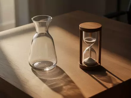 Eine leere Glaskaraffe und eine Sanduhr auf einem Holztisch bei natĂĽrlichem Morgenlicht, die die Thematik der biologischen Rhythmen symbolisieren. - Foto: ĂĽber boerse-global.de