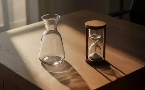 Eine leere Glaskaraffe und eine Sanduhr auf einem Holztisch bei natürlichem Morgenlicht, die die Thematik der biologischen Rhythmen symbolisieren. - Foto: über boerse-global.de