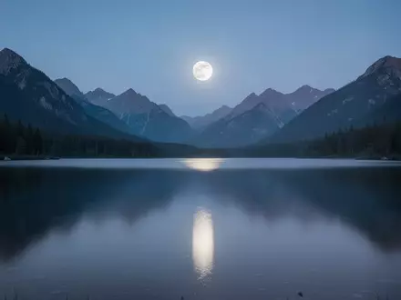 Ein ruhiger Bergsee, der das Licht eines hellen Mondes in der Dämmerung reflektiert. - Foto: über boerse-global.de