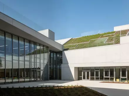 Moderner Schulneubau mit hellen Fassaden, großen Fensterflächen und begrüntem Dach bei Tageslicht. - Foto: über boerse-global.de